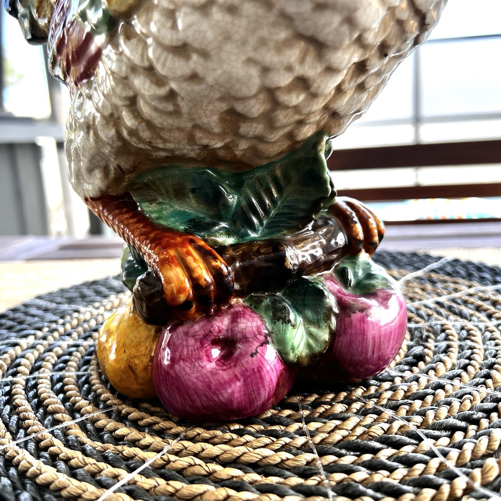 Ceramic Hen Figurine Green Feathers W/ Grapes Fruit 11′ 1950’s Chicken