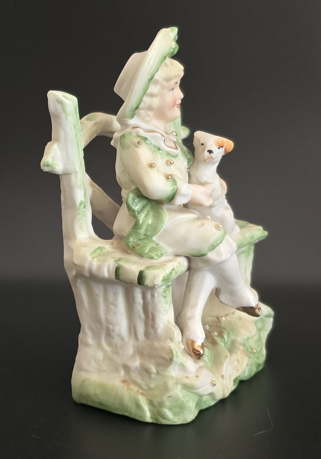 Victorian Figurine Small Child & Terrier Cross Legged on Outdoor Rustic Seat