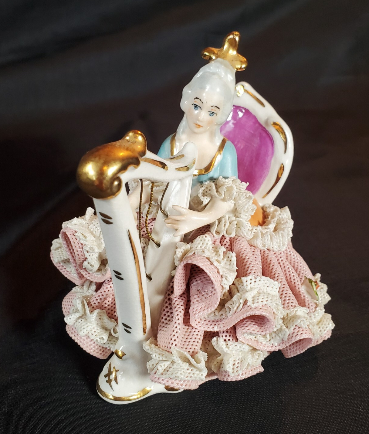 Vintage Dresden Porcelain Lace Figurine of 18th Century Lady Playing a Harp