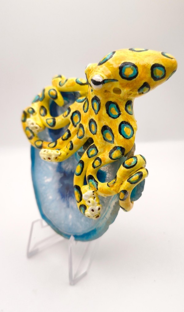 Hand-sculpted Blue Ringed Octopus Sculpture on Blue Agate Slice Animal Desk Art