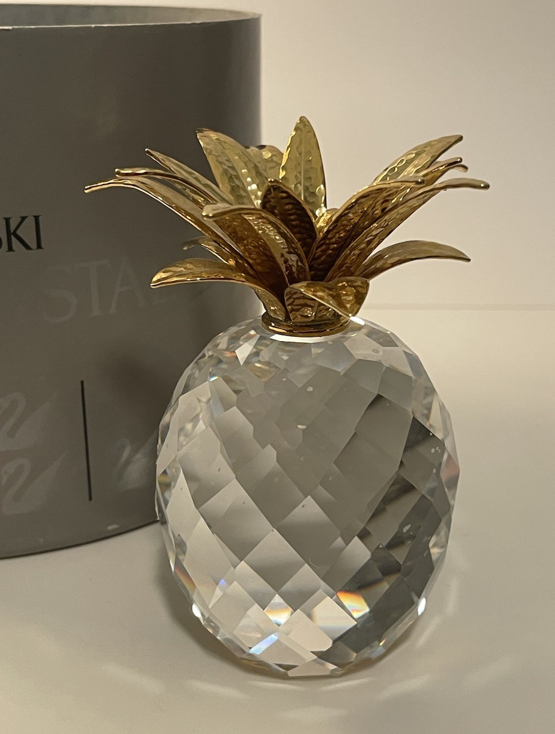 Swarovski LARGE 4″ Crystal 3-Footed Pineapple with Gold Leaves in Original Box