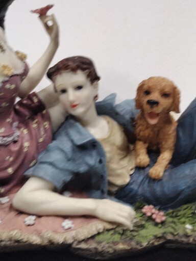 Giovanni Collection Sculpture. Lady And Man With Dog At Picnic Nesting Birds.