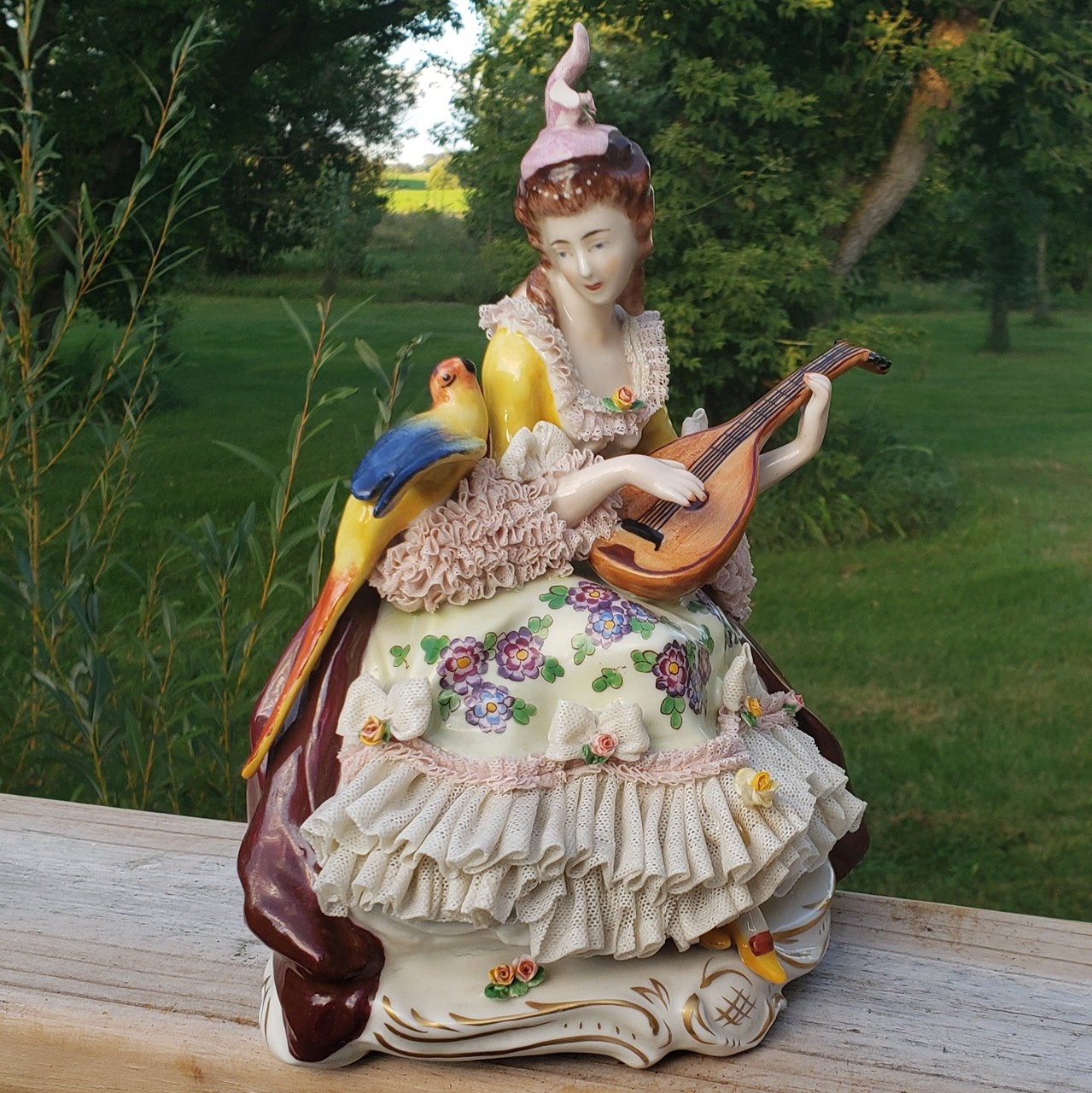 Vtg Dresden Porcelain Lace Woman Lady Parrot Bird Mandolin Figurine 9 5/8″