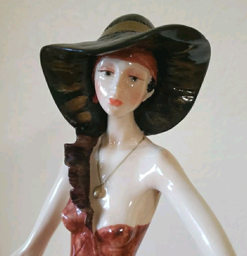 A. Santini Signed 17″ Sculpture Figurine Elegant Lady Walking with Borzoi Dog
