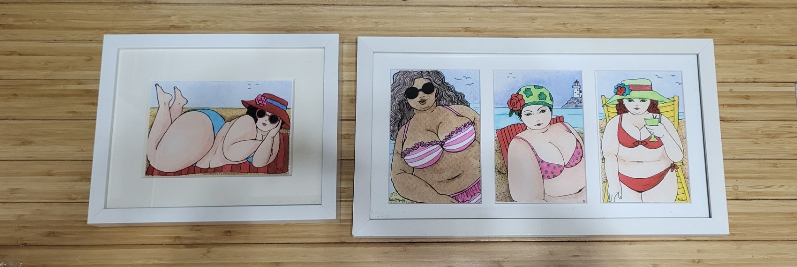 Set Of 2 Framed Art “Chunky” Bathing Beauties 9″x11″ & 17 12″ x 9 1/2″ Signed AC