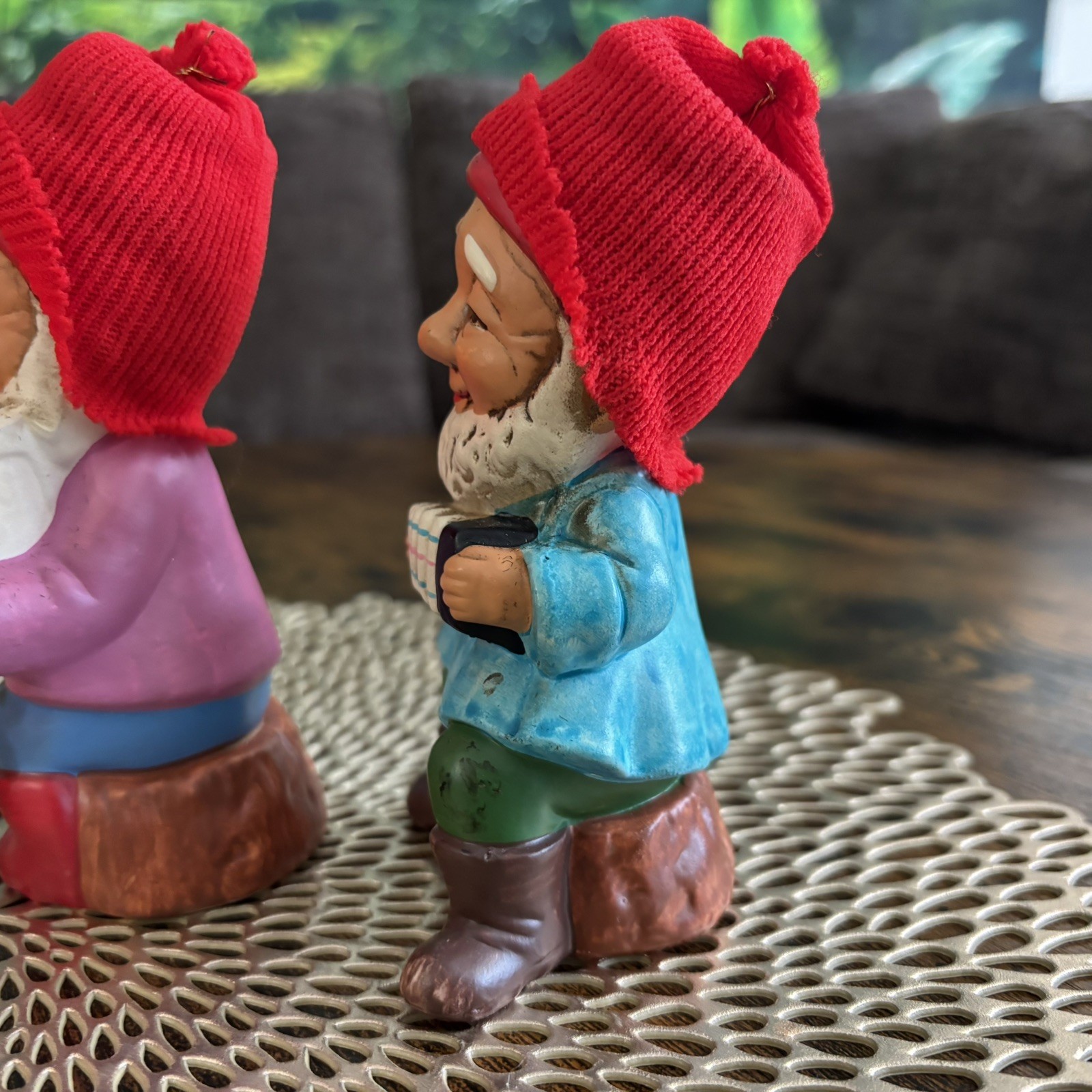 Vintage Figurines 3 Gnomes Playing Instruments Knitted Hats 5”