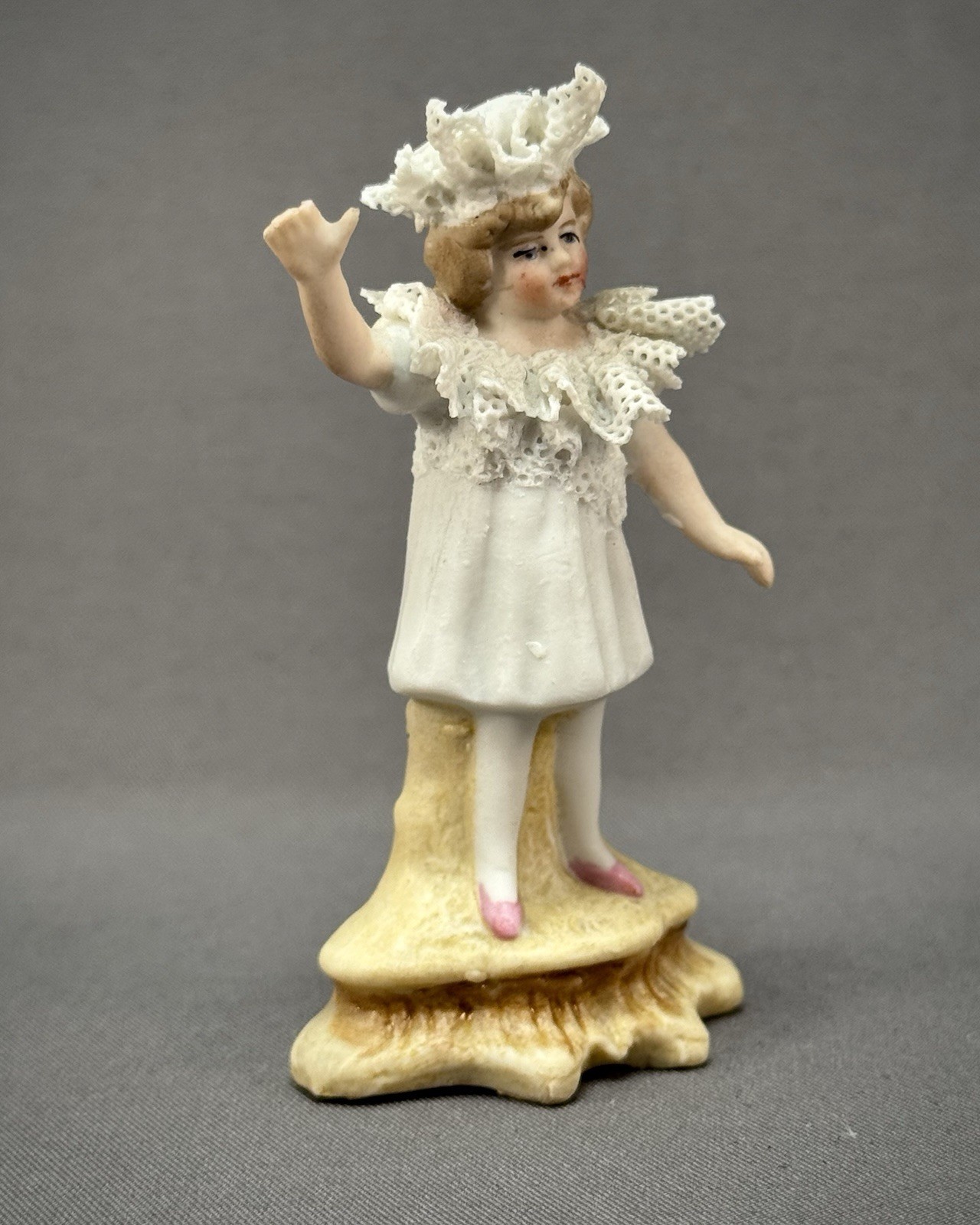 German Bisque Dresden Lace Porcelain Figurine Girl in White Dress Bonnet 3″ Tall