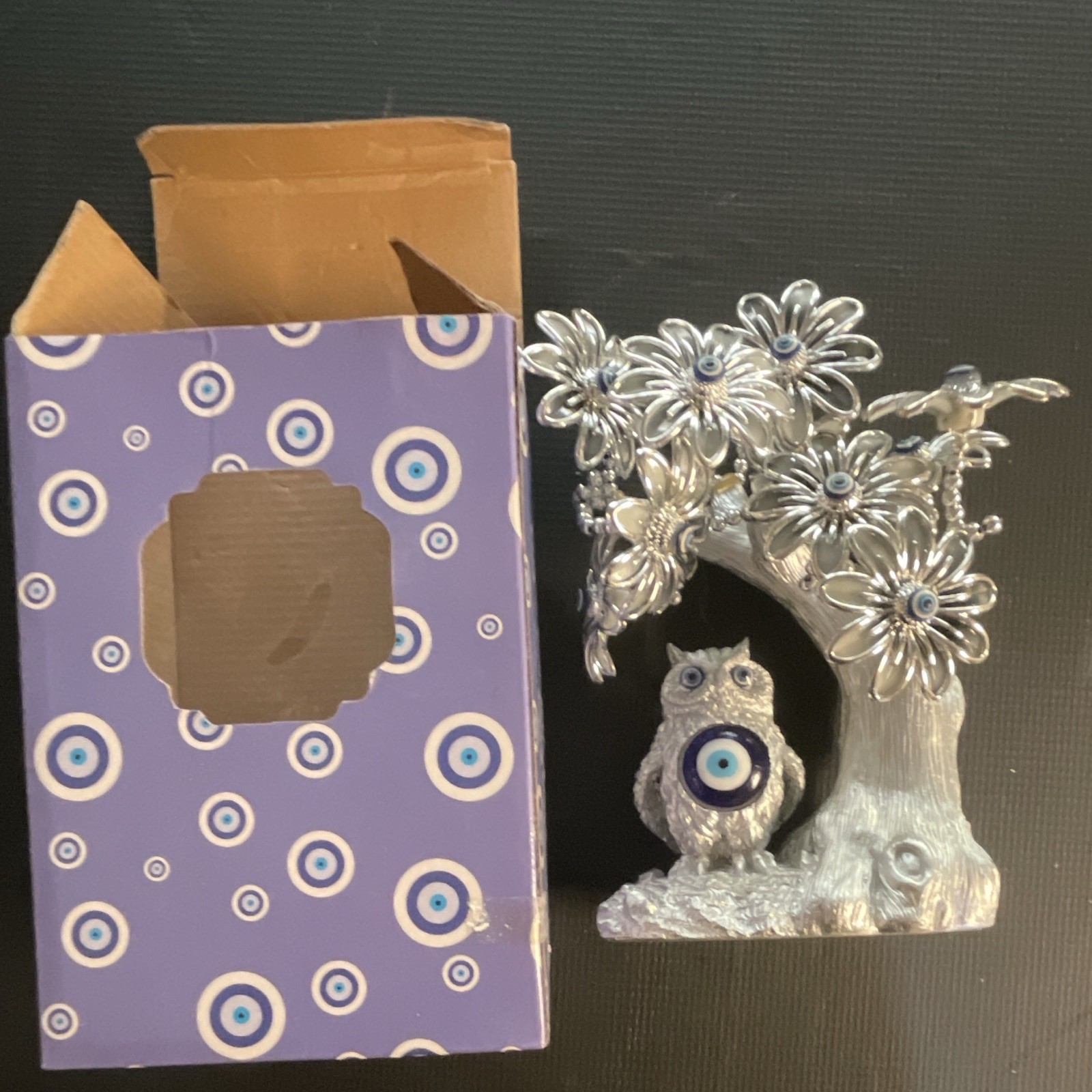 Owl Metal Figurine Under Tree with Flowers, Evil Eye Charm, Metallic Silver, Box