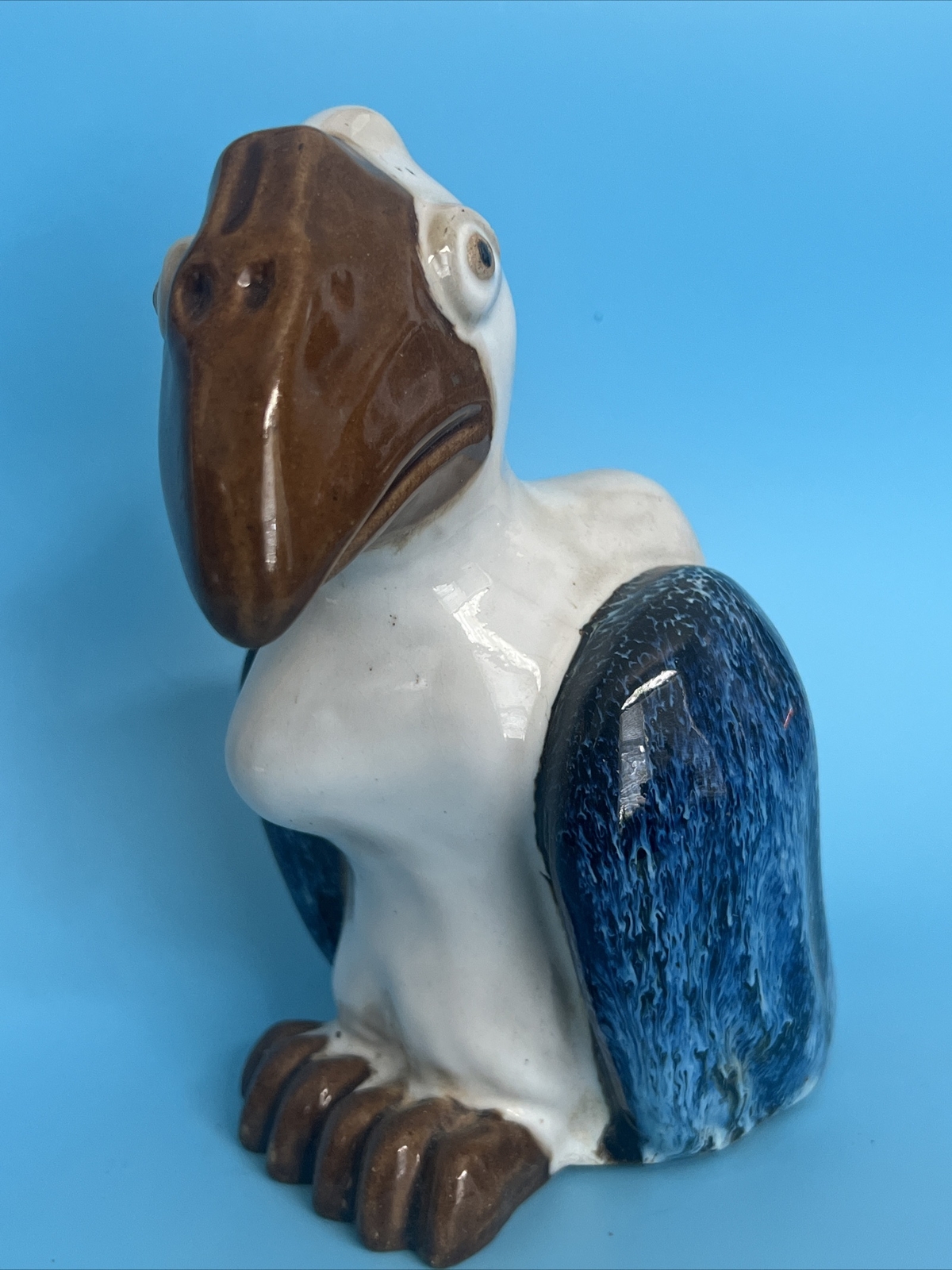 Stoneware Vulture Bird Figurine Buzzard White Cobalt Blue & Brown 7”Tall