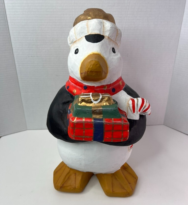 Paper Mache Christmas Penguin Figurine Large Studio Nova 14″ tall Cute Decor