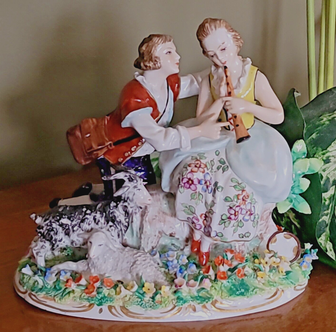FINE SITZENDORF / DRESDEN FIGURE – COUPLE PLAYING FLUTE & goats – EXCELLENT