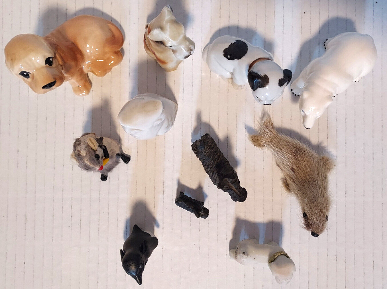 11 Vintage Animal Figurines Dogs Polar Bear Penguin Seal Porcelain Wood Faux Fur