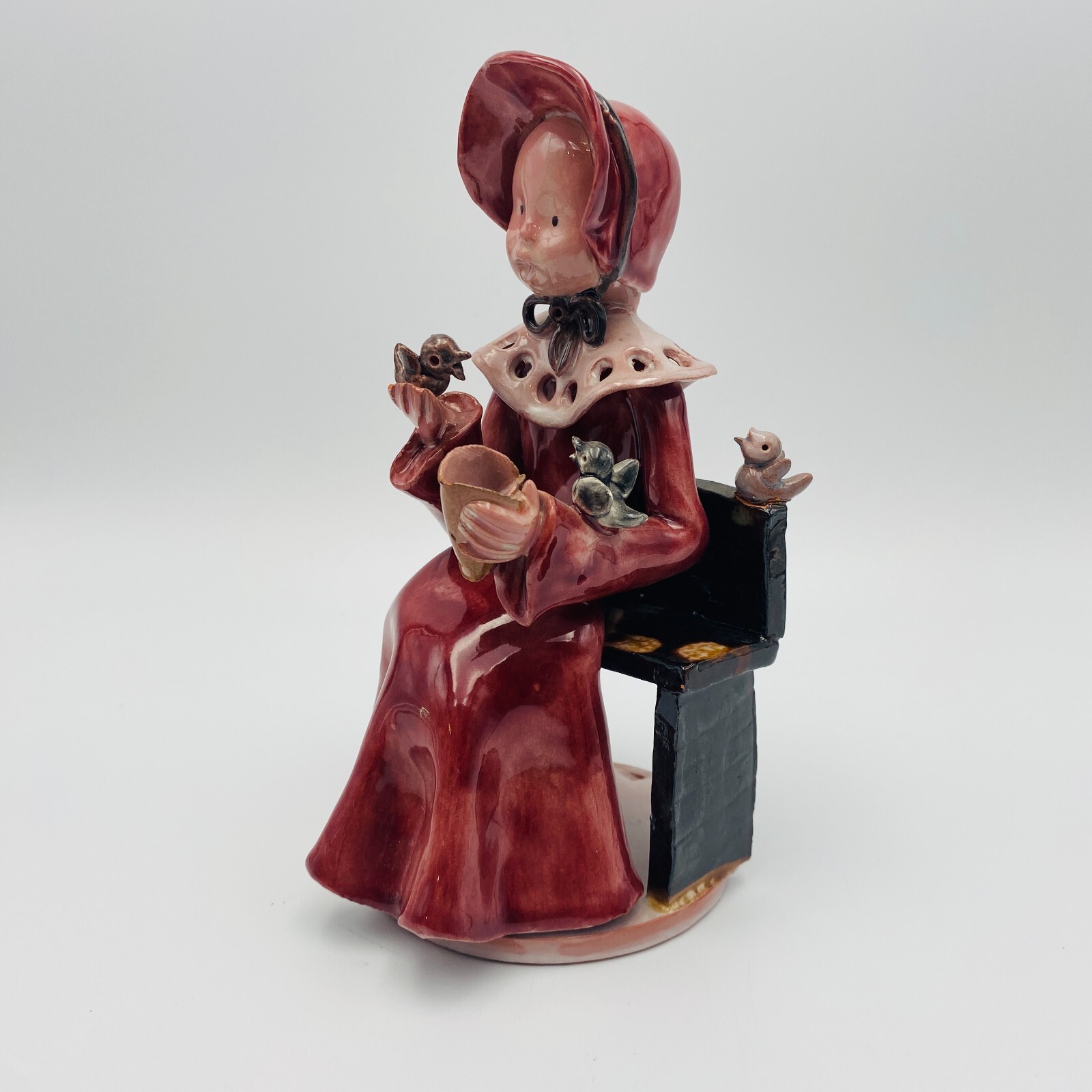 Vintage Redware ULI’s Ceramics WIlliamsburg VA Sitting Lady Figurine with Birds