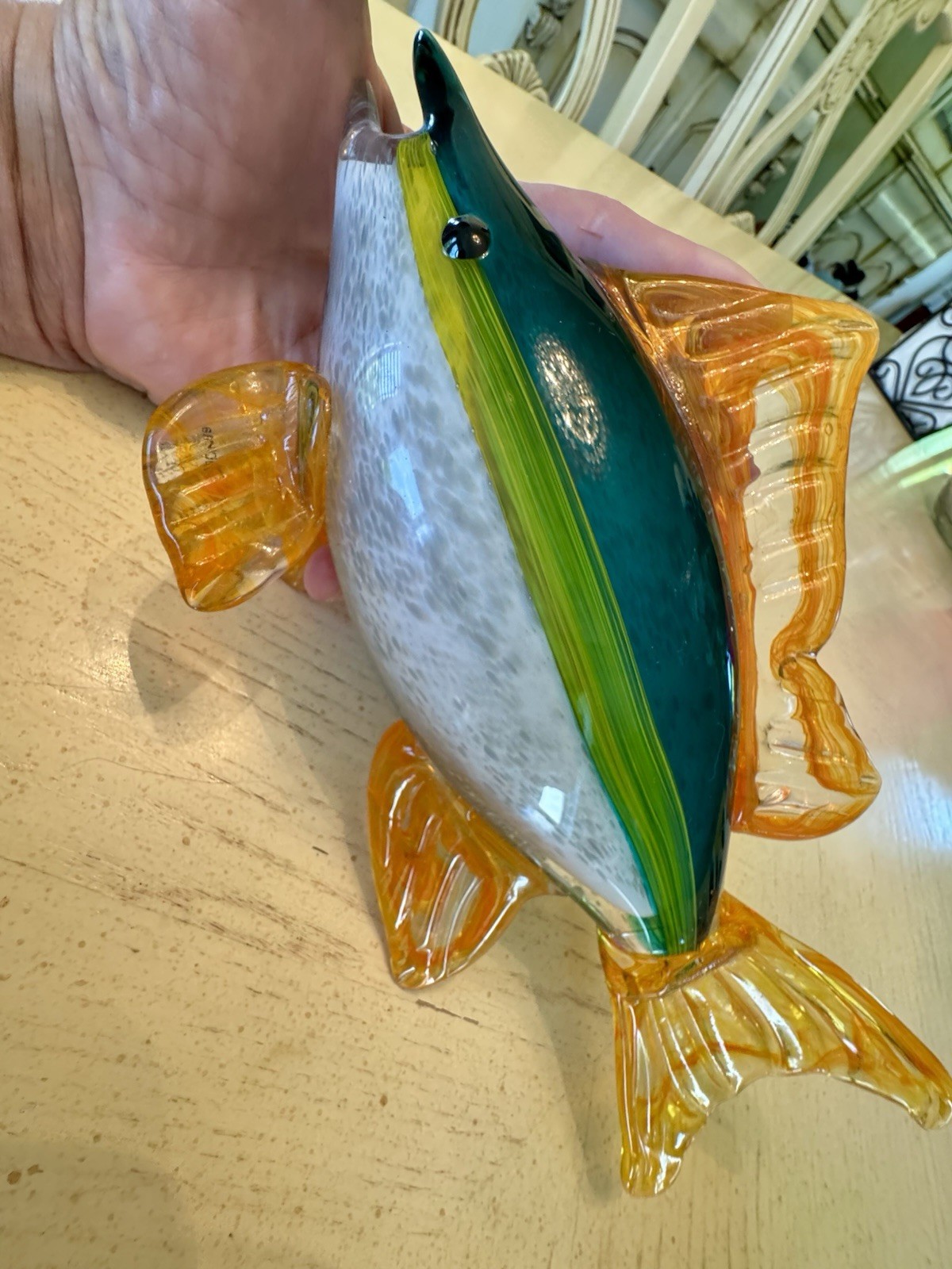 Large Hand Blown Art Glass Tropical Fish Sculpture 11” Murano Sty Amber Green Bl