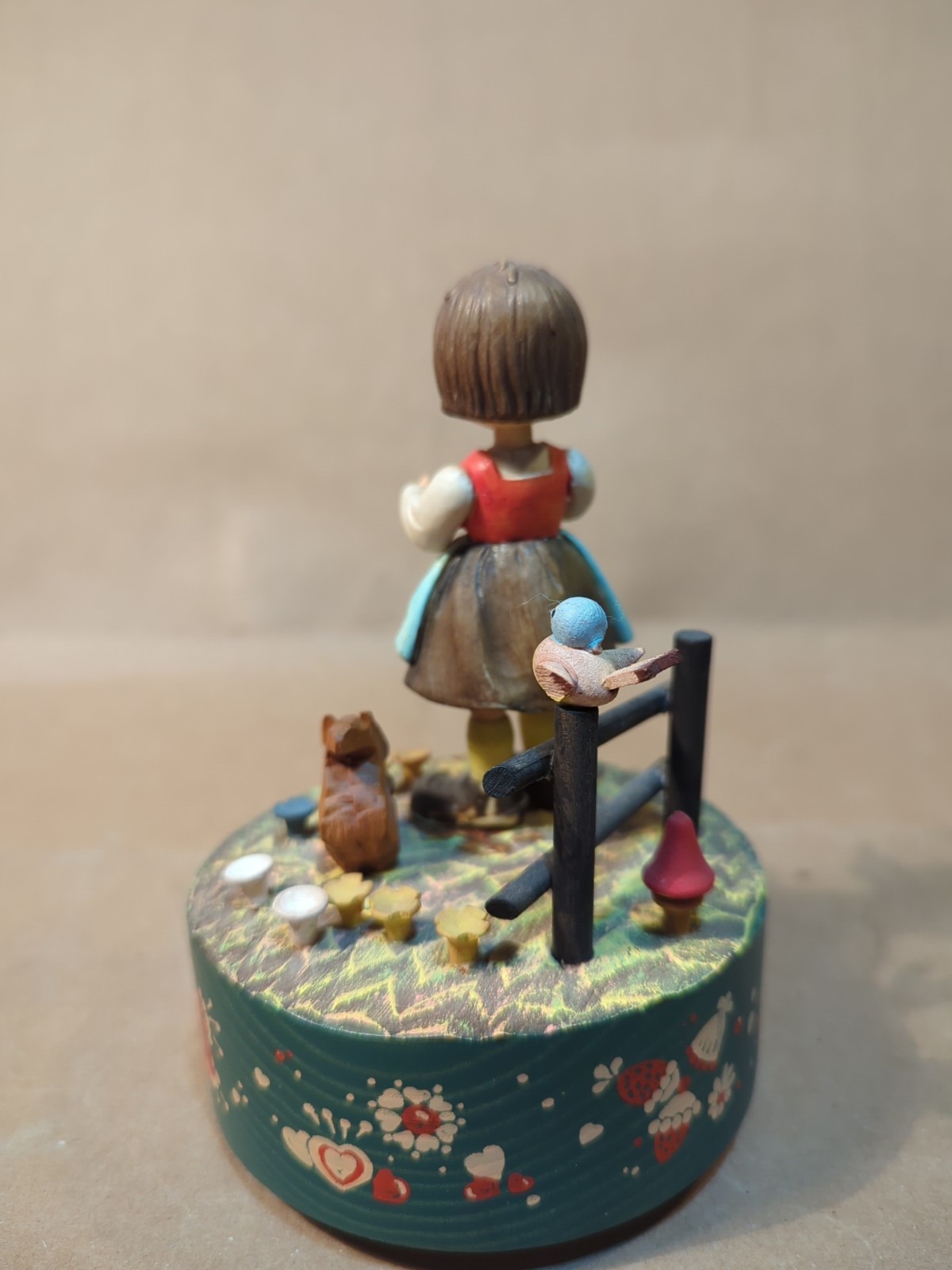Vintage ANRI Wooden Rotating Music Box Carved Girl Squirrel TALK TO THE ANIMALS