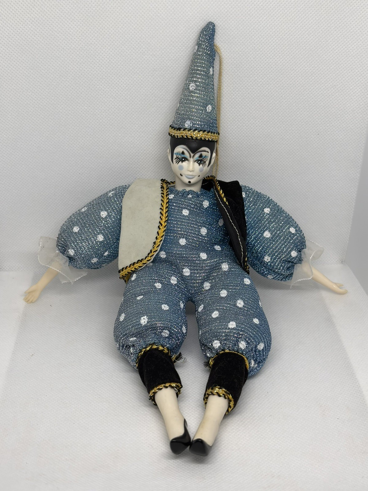Fabric and Porcelain Harlequin Clown Doll, Vintage Collectible Figurine