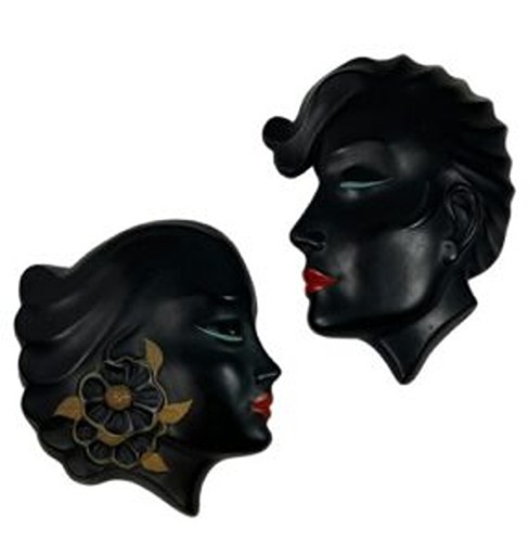 ABCO Chalkware Man & Woman Wall Plaques Black Art Deco MCM 1954 Pair