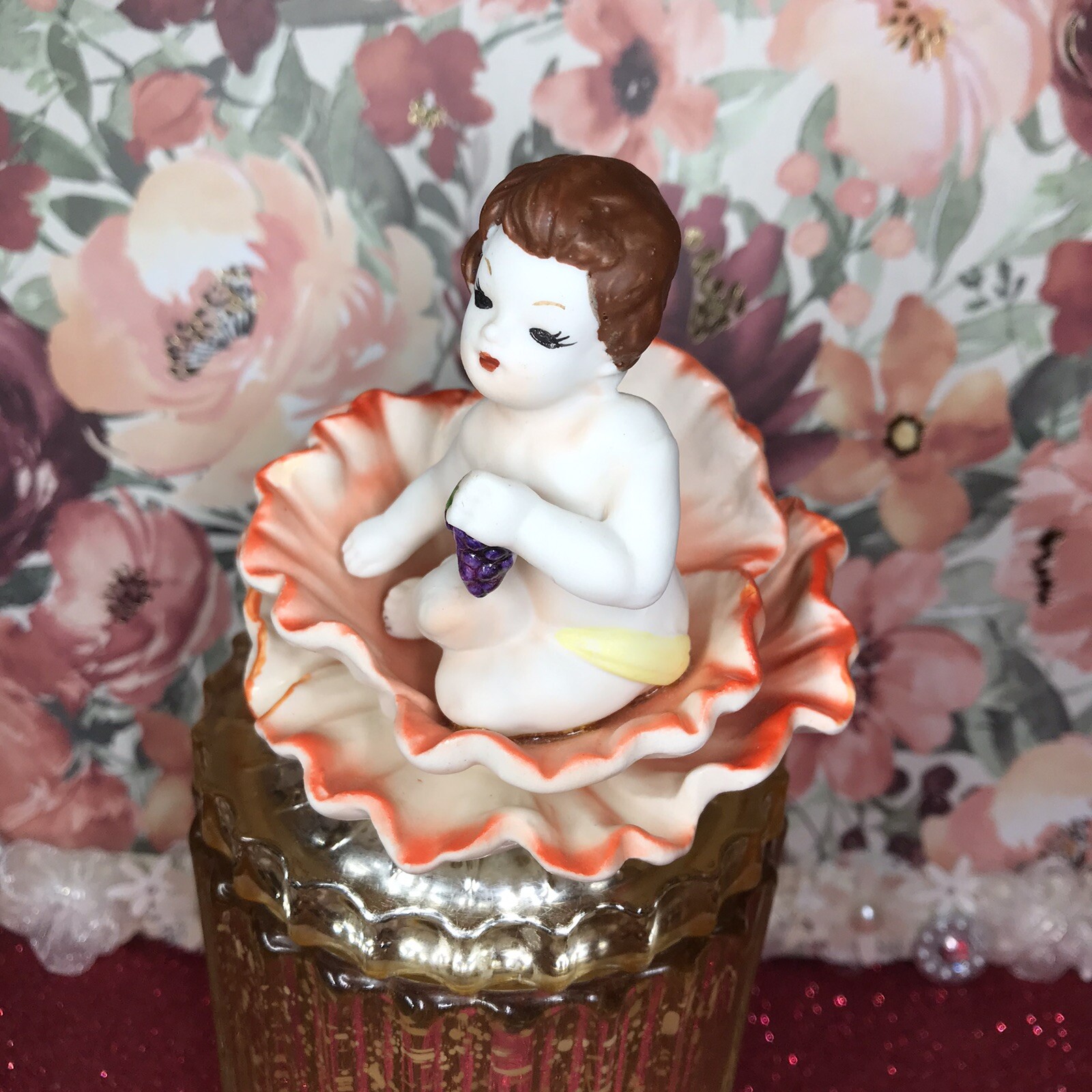 Vtg Norleans August Cherub Sitting In Orange Trim Flower Poppy Figurine Japan