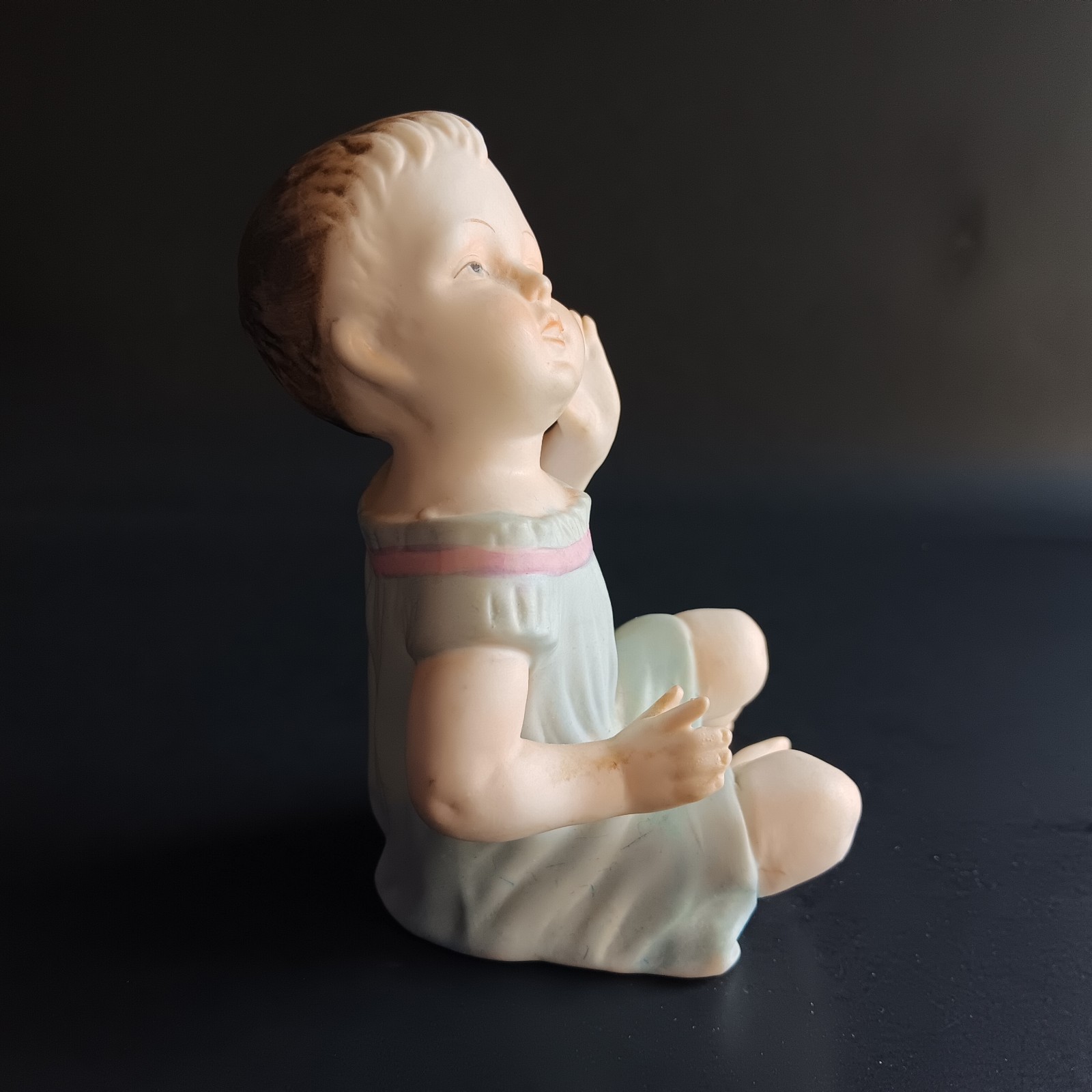 Bisque Piano Baby Blue Pink Gown Waving Porcelain Figurine Boy Girl Infant 4.75″
