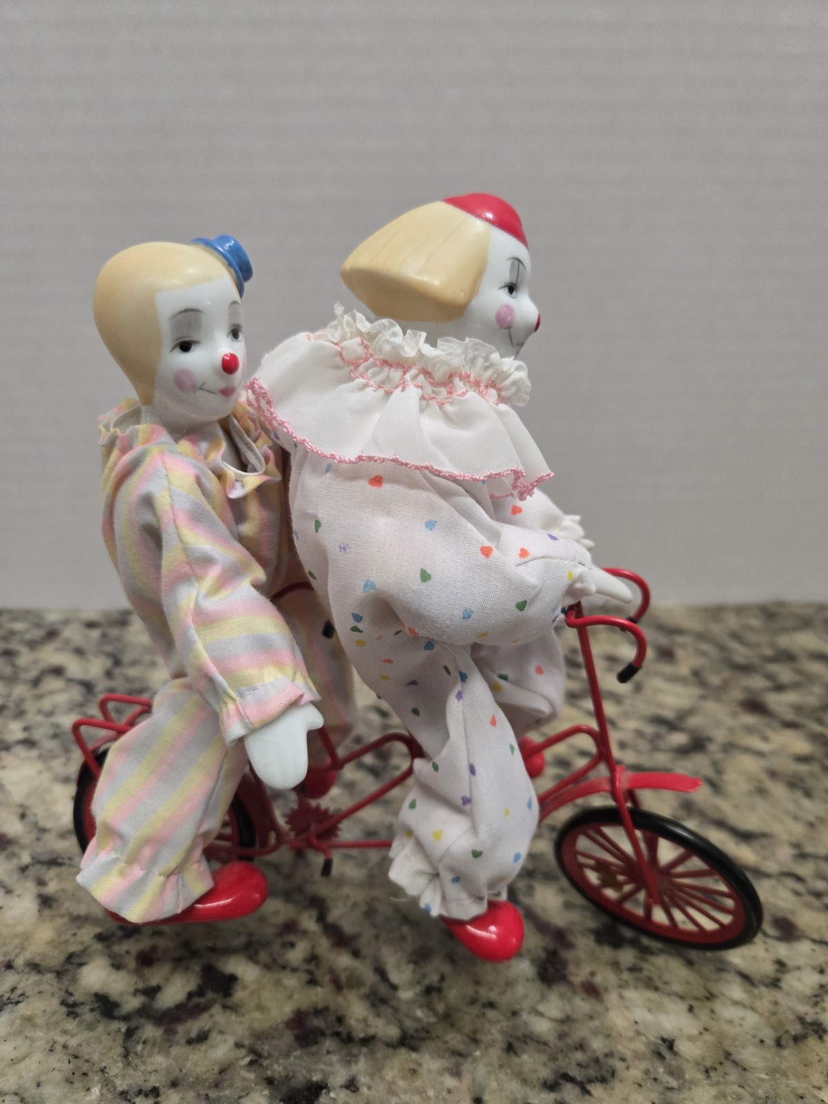 Enesco Porcelein Clowns W/Fabric Clothing Riding A Red Bike Vintage RARE