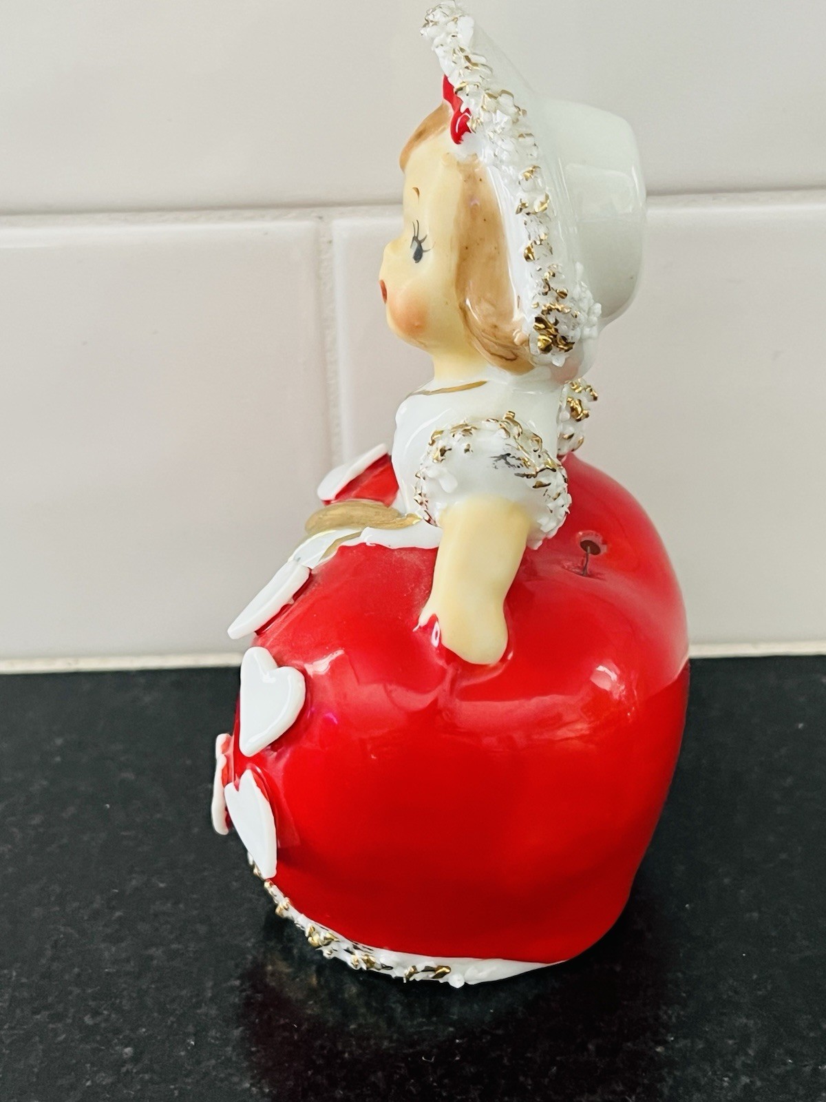 Vintage Lefton Valentine Ceramic Girl Bell Figurine Red Hearts Spaghetti Trim 4″