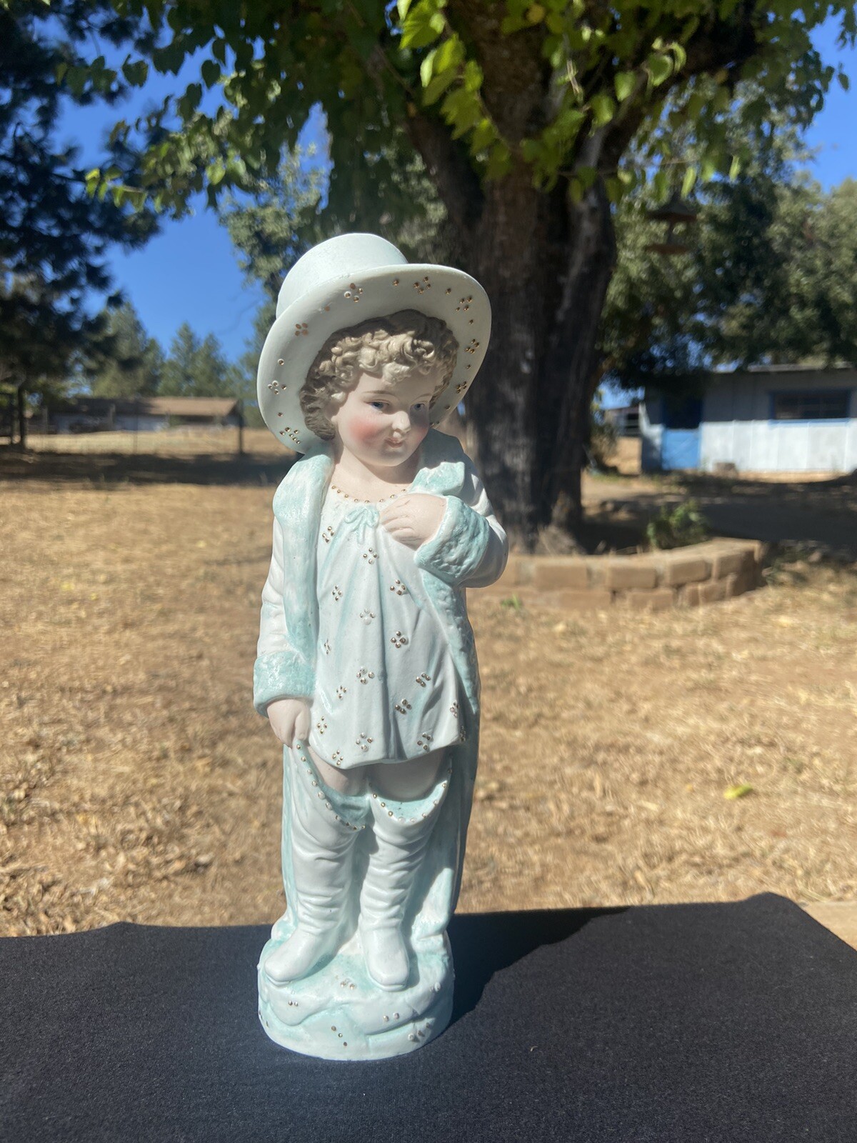 ANTIQUE GERMAN BISQUE BOY FIGURINE W/TOP HAT & FANCY CLOTHES 10.5 In