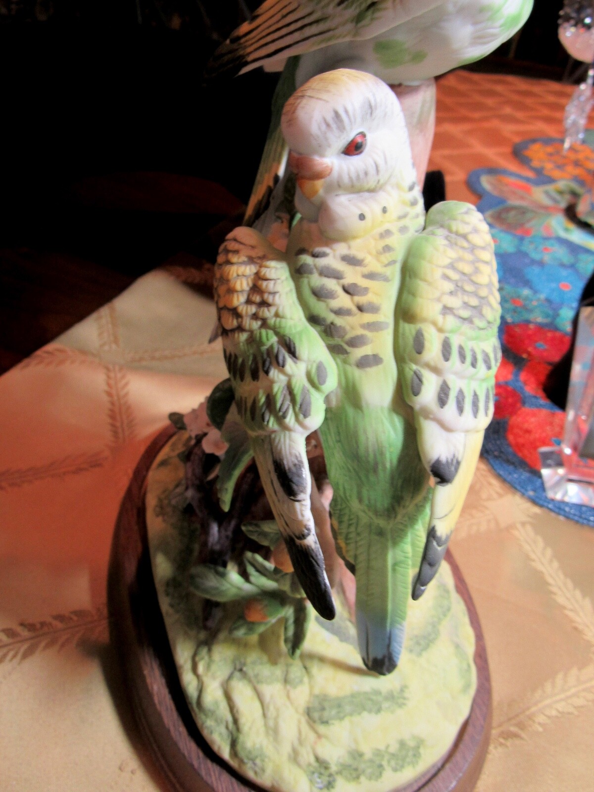 Bisque Parakeet Pair on a Wooden Base—-11-Inches Tall