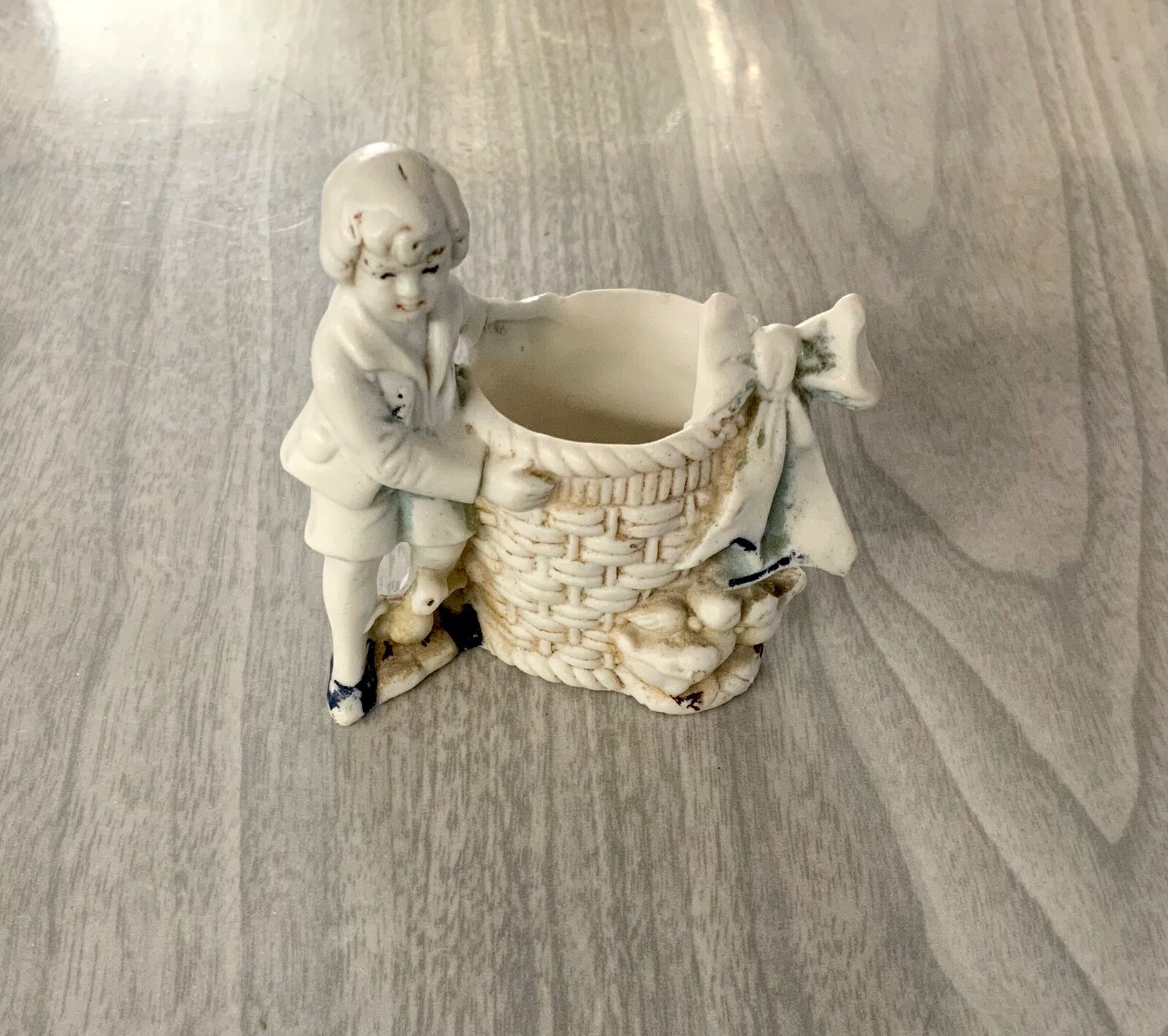 antique porcelain boy with basket figurine, 2-3/4″ boy figure, made in Germany