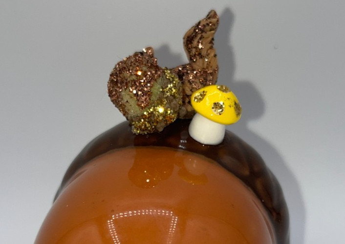 Vintage Ceramic Piece with Squirrel Eating An Acorn & mini mushroom flower OOAK