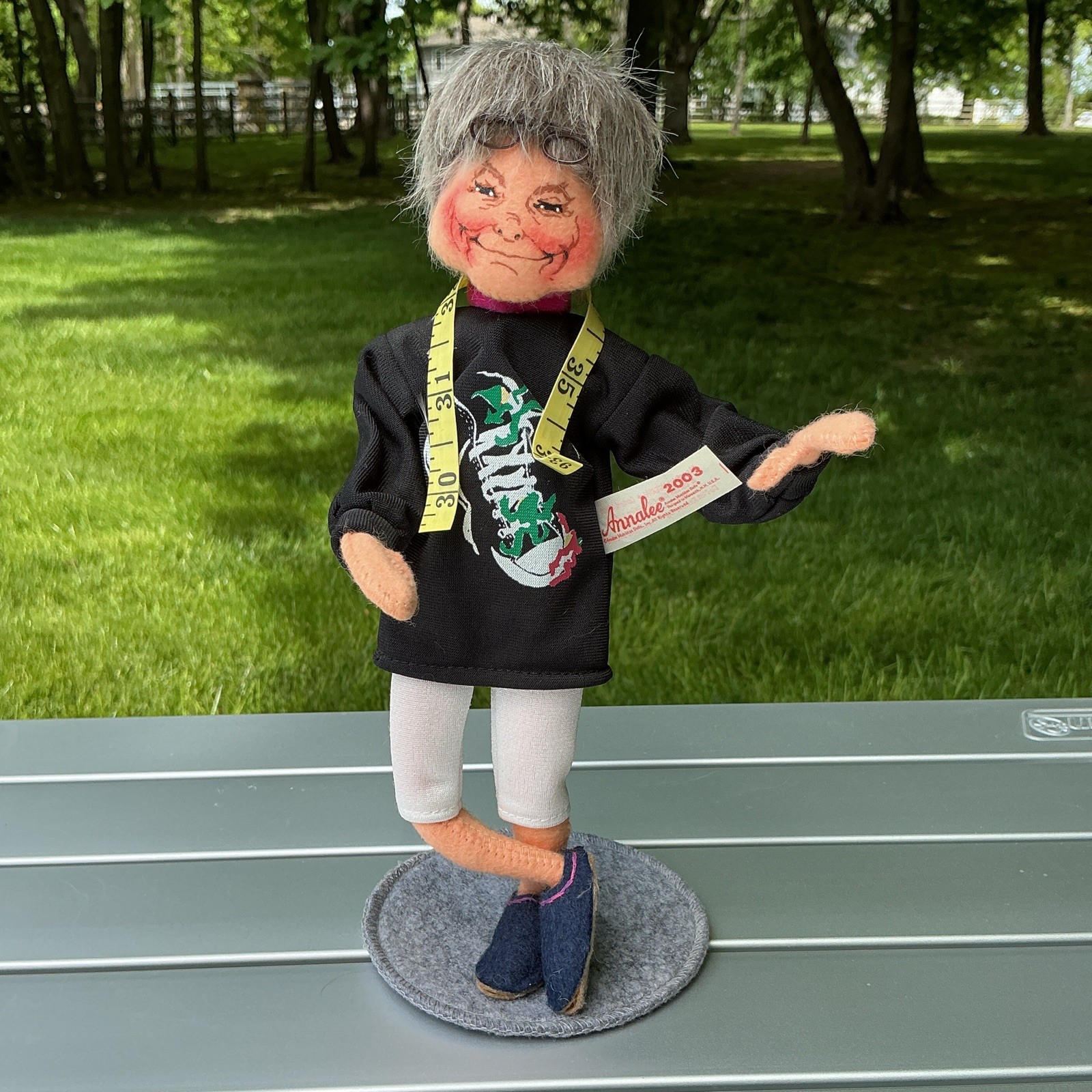 Annalee 2003 Whimsical , Handmade Fabric Felt Person Figurine on Base, 10” Doll