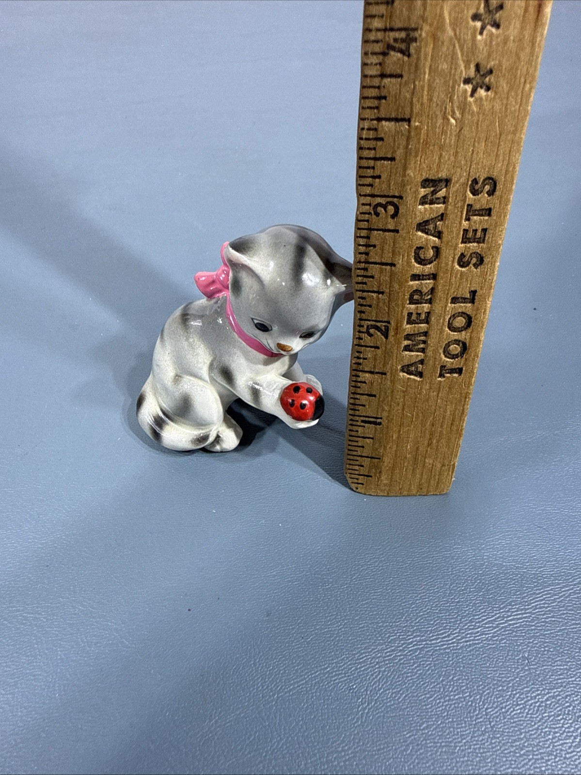 Vintage Kitten Playing With Ladybug Gray Striped Cat Green Eyes & Ribbon Japan