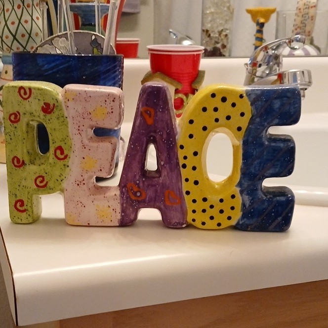 Multicolor Ceramic PEACE Lettering Figurine Freestanding Decorative Sculpture