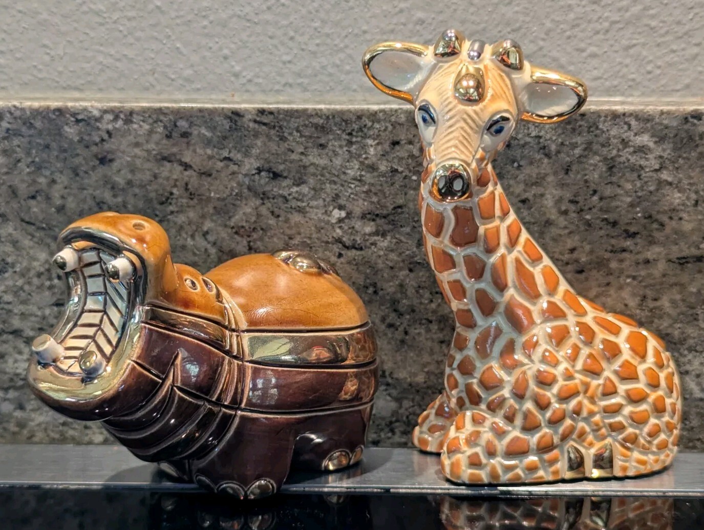 🦛🦒RINCONADA Artesania GIRAFFE HIPPOPOTAMUS Rinca Gold Figurine Uruguay Lot