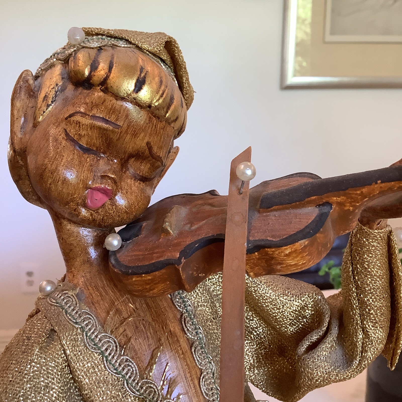 MCM Gilt Wood Composite 17.5” Pixie Elf Playing Violin Hollywood Regency