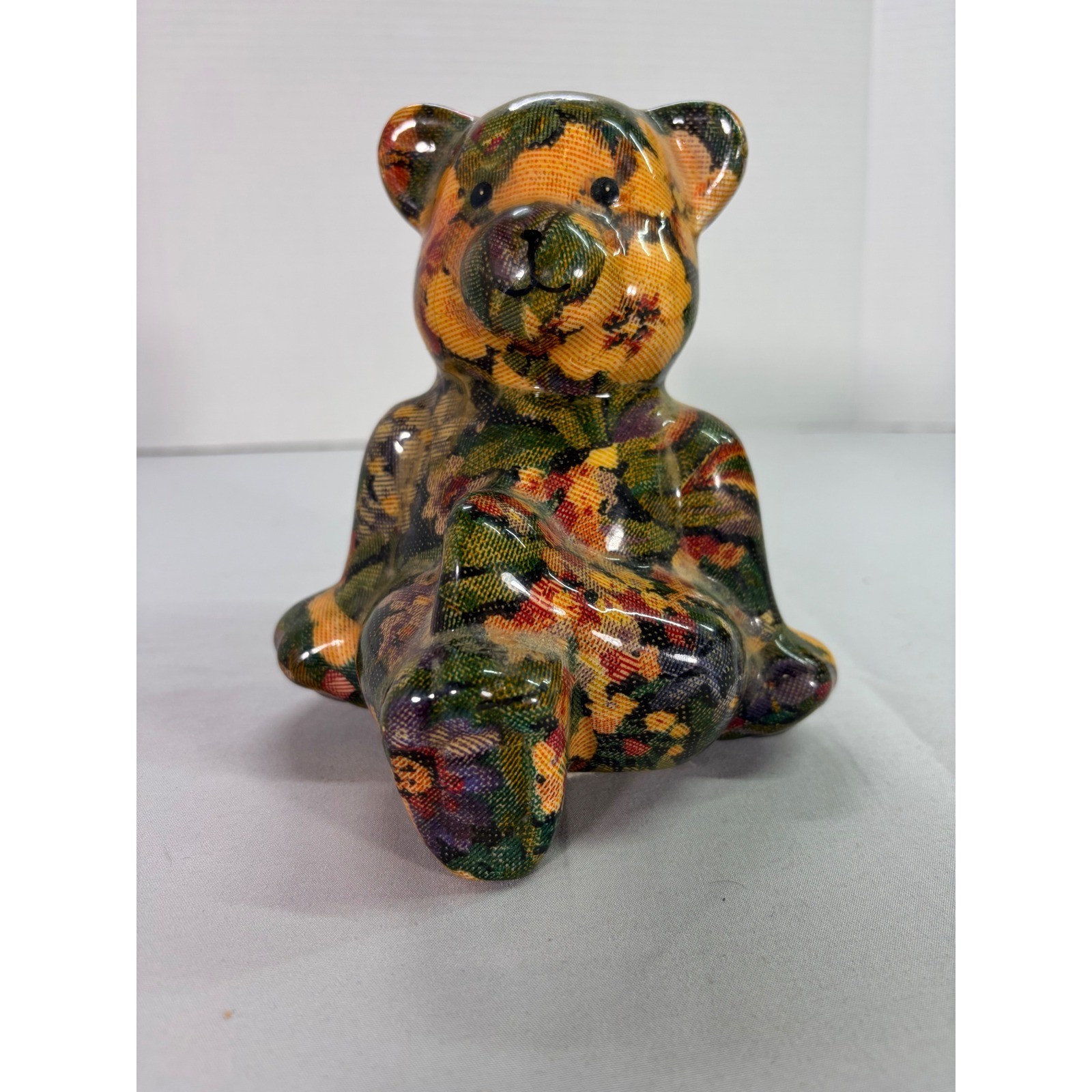Vintage Joan Baker Floral Patchwork Teddy Bear Tapestry Figurine Cottage Core