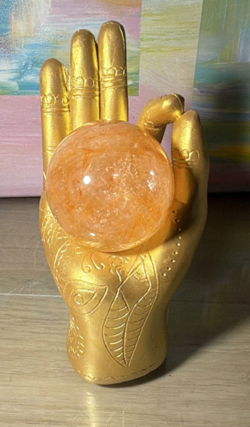Gold Resin Hand Sculpture with Orange Stone Sphere, Medium, Spiritual, 8x5x3.5″