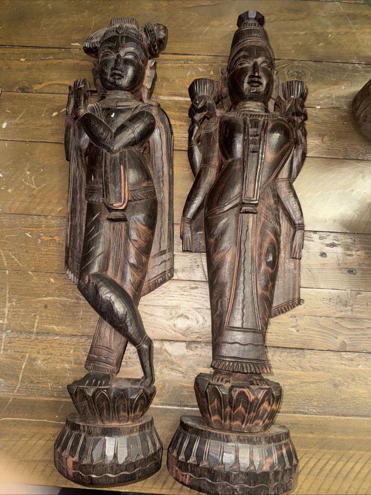 Rare Pair of Burmese Wood Carved Bodhisattvas Asian Deity Wall Hanging