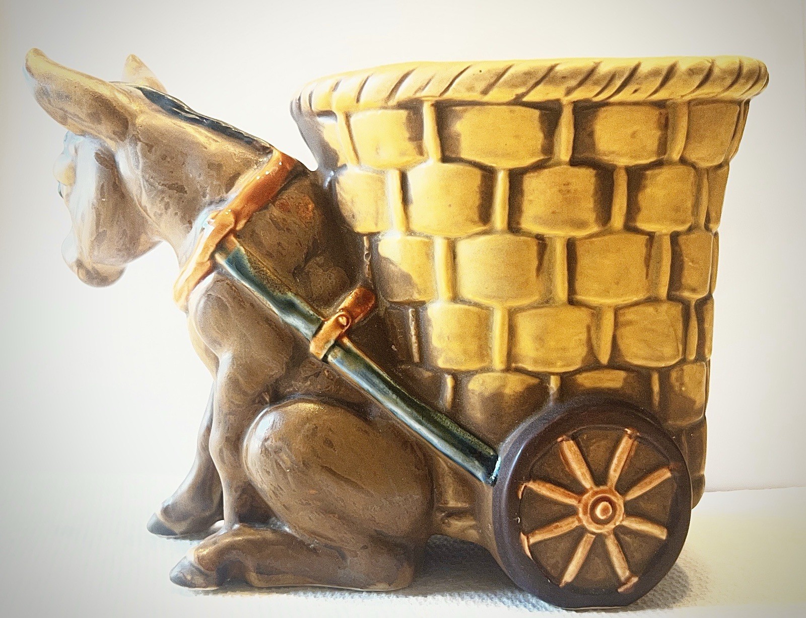 Vintage MCM Small Lefton Burro With Basket Wagon Planter Figure HU 66