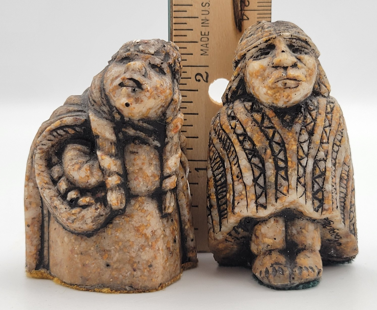 Vintage From Chile Carved Stone Folk Art Figurines Indigenous Man Woman Signed