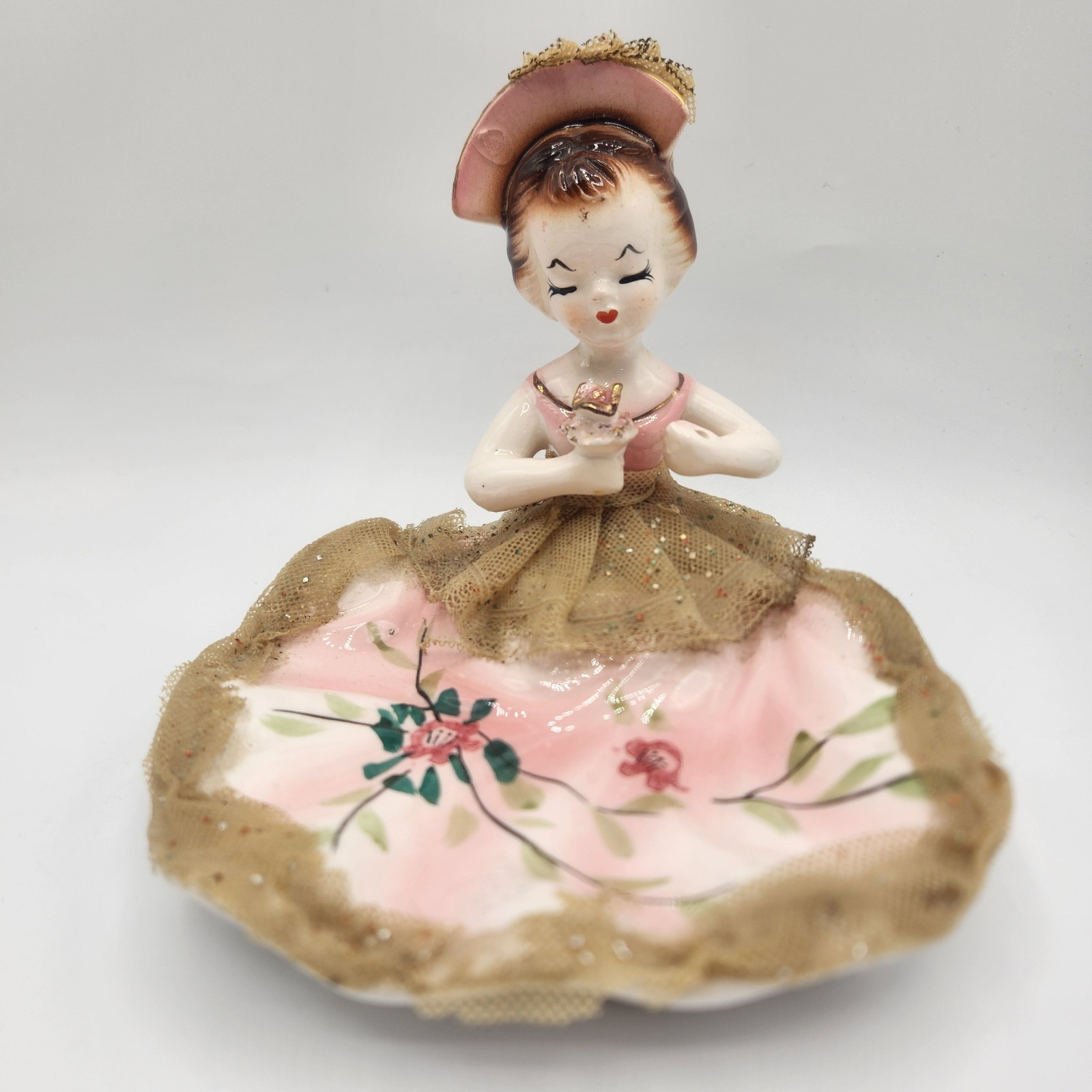 Vtg Lady Ring Trinket Dish 50s Japan Arnart Creation Pink With Gold Trim & Tulle