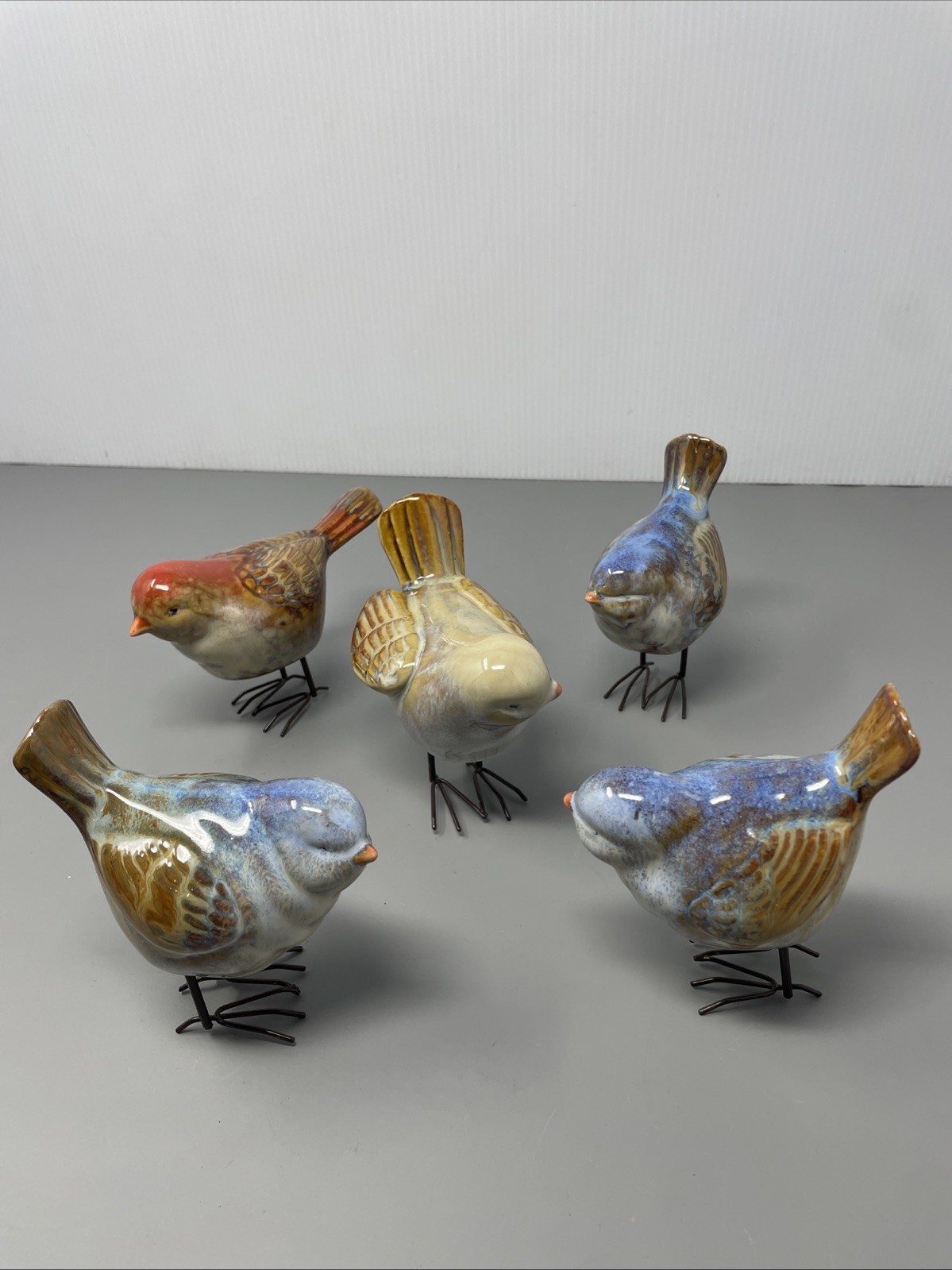5 Vintage Ceramic Birds Figurine Glossy Finish Metal Legs Garden Decor