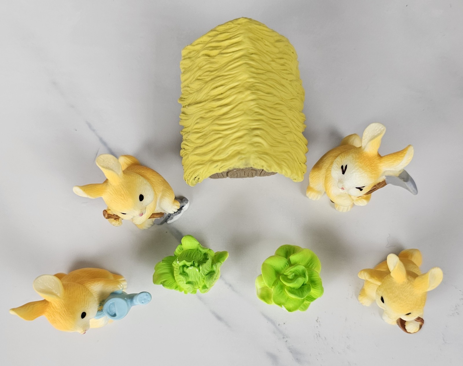7 pc Gardening Bunny Figurine Set – Mini Collectible Fairy Toy Rabbit Cabbage