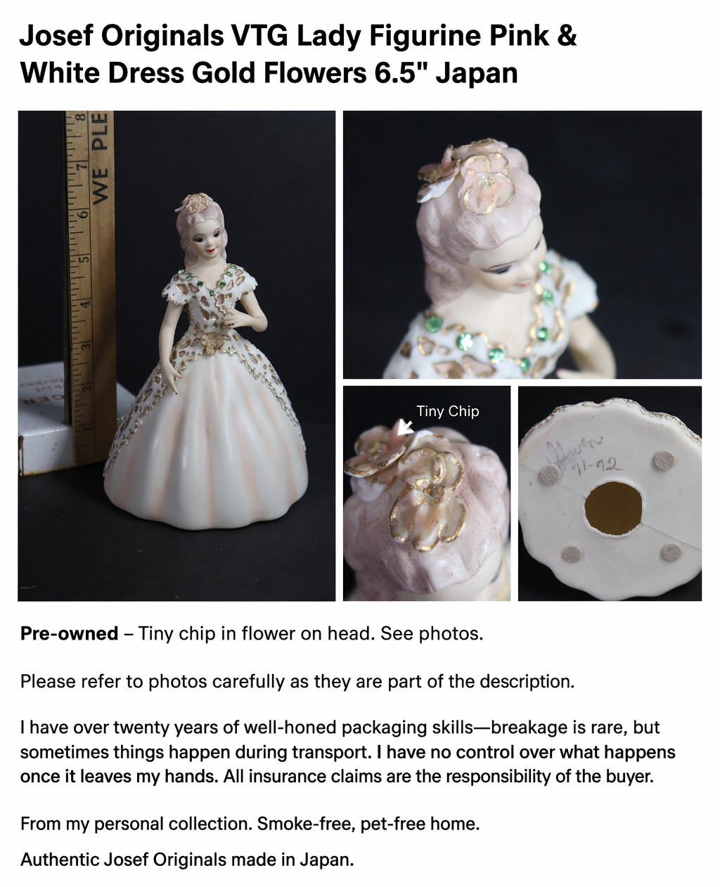 VTG Porcelain Lady Figurine Pink White Dress Rhinestones Japan 7″