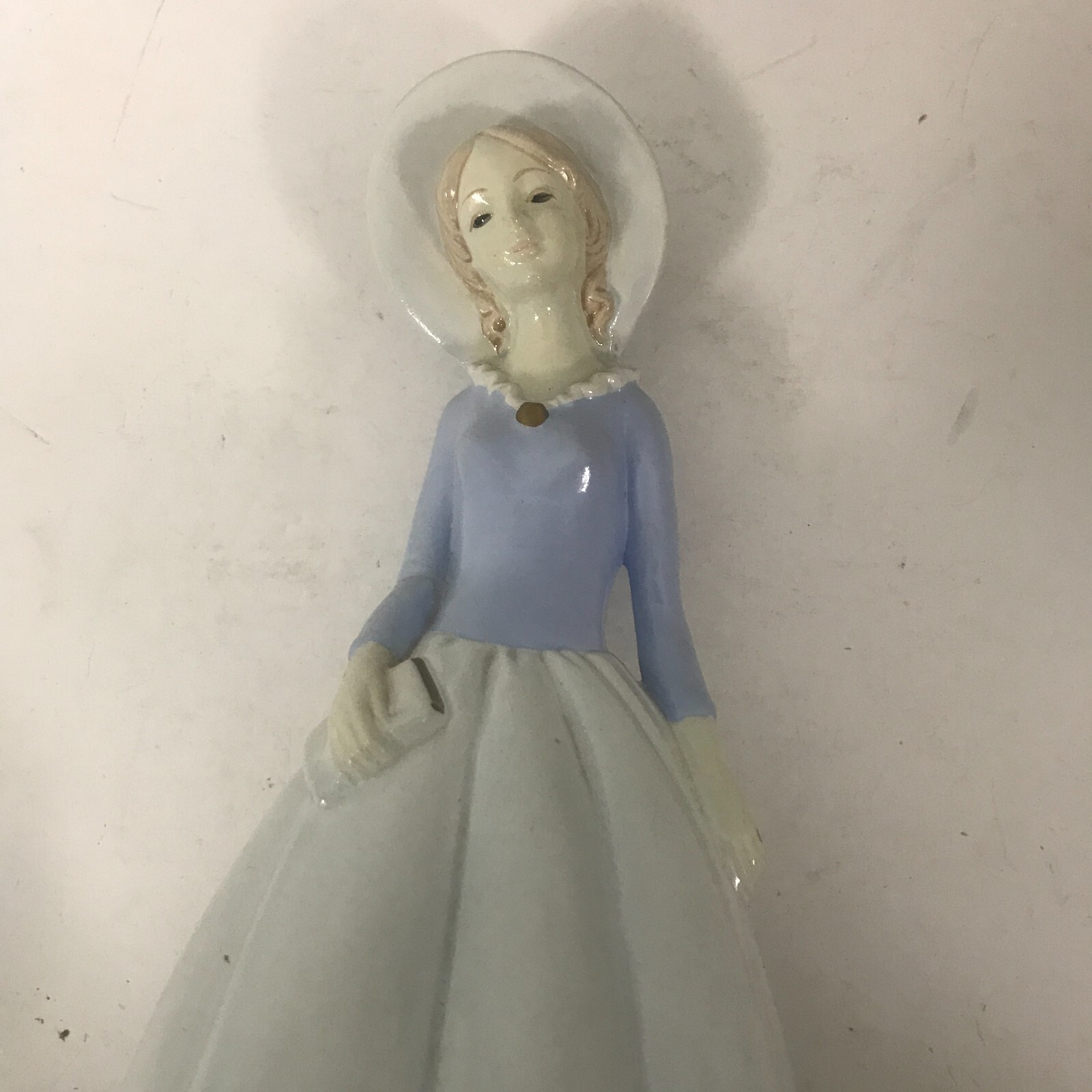 Hand Painted Girl in Blue Dress w Book Figurine Sankyo Japan Rotating Music Box
