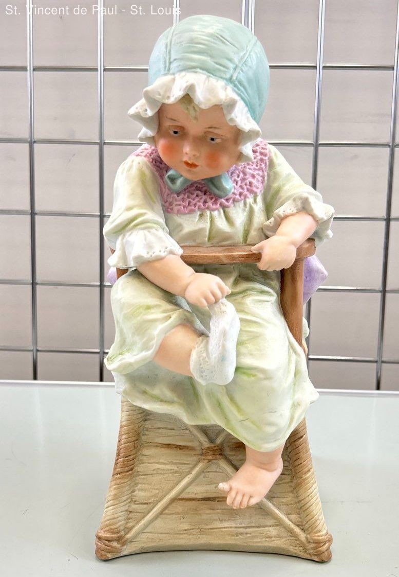 Antique Gebruder Heubach Porcelain Bisque Piano Baby Highchair Figurine RARE