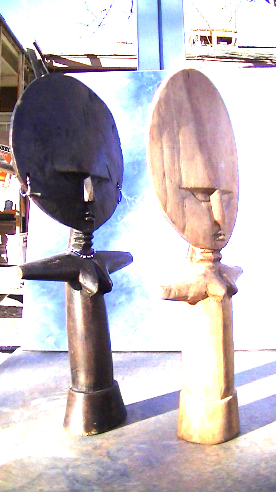 Rare 2 Unusual Primative Carvings bare breasted female figures origin Unknown