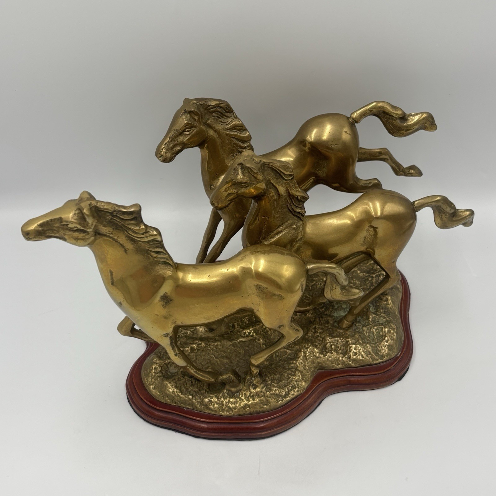Vintage Brass Galloping Horses Sculpture Mounted on Wood Base Paperweight ART