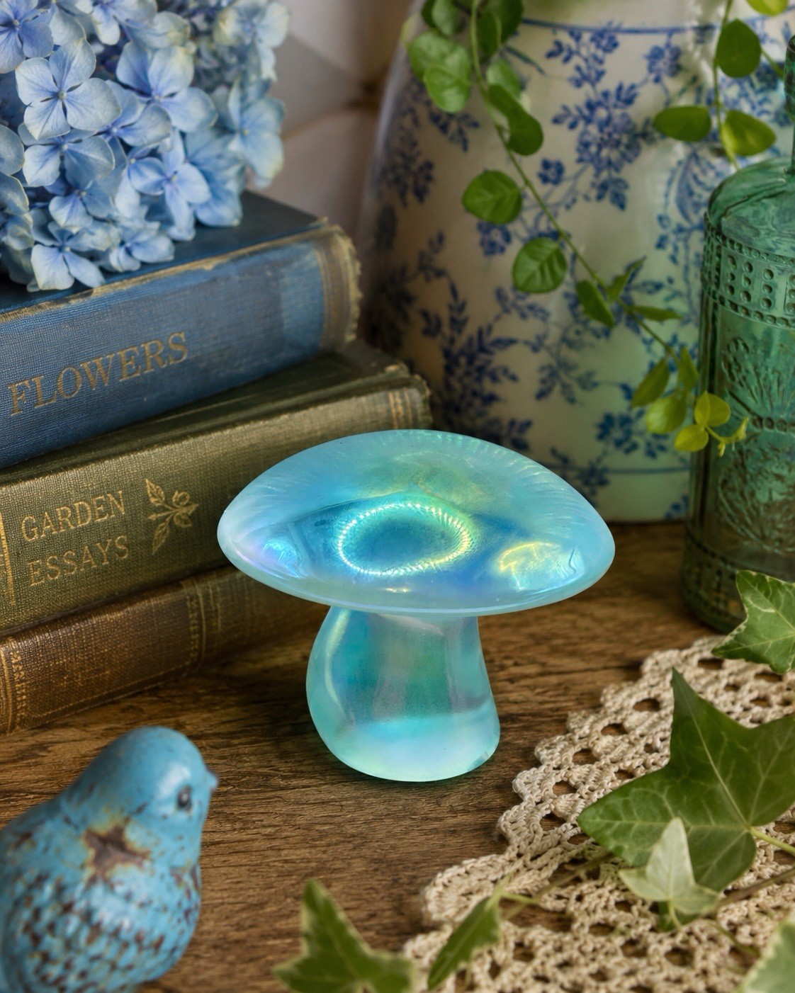 Mosser Glass Blue Opalescent Iridescent Small Carnival Mushroom Limited Edition
