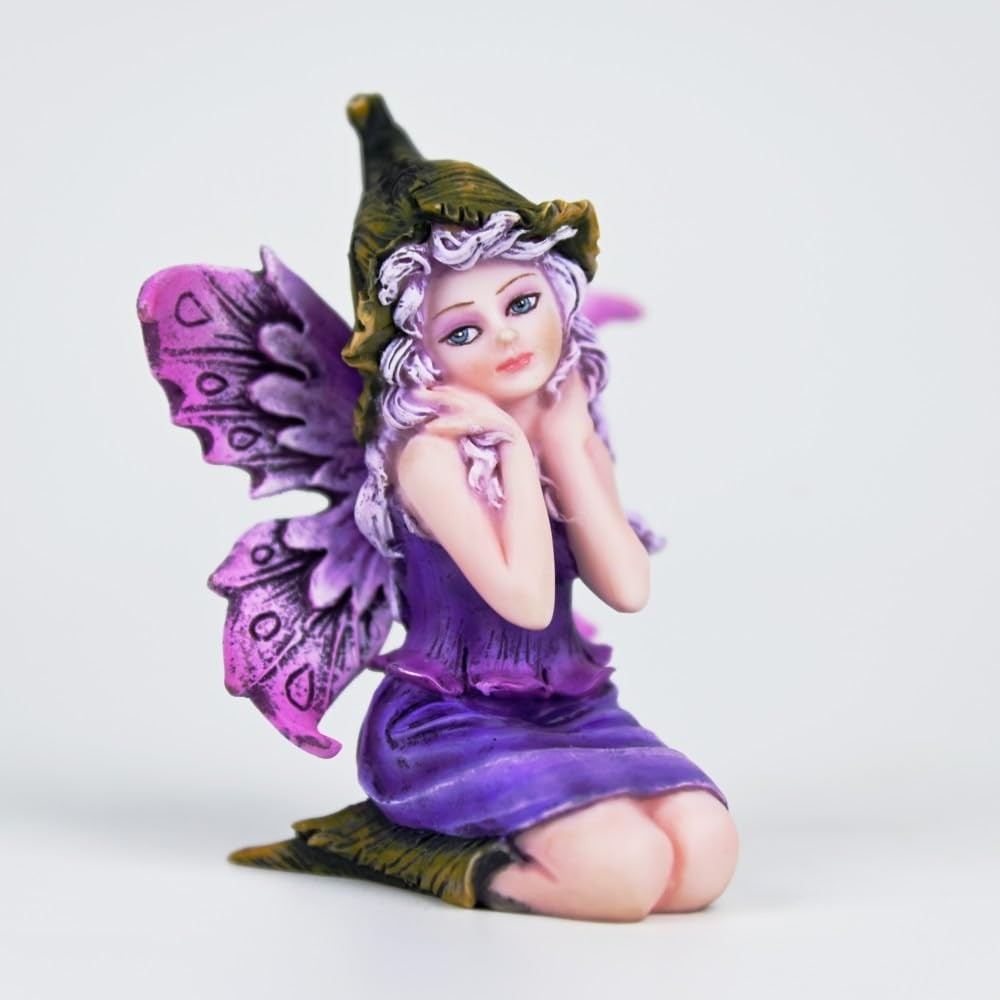 Fantasy Leaf-Hat Daydream Fairy Figurine, 8cm Purple Gradient Wings Elf Statu…