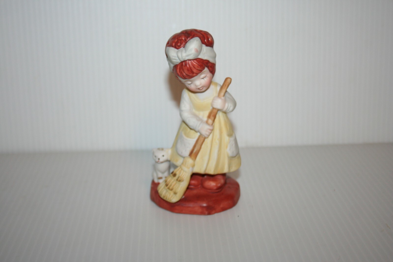Vintage Figurine Girl w Broom Kitten At Her Feet Hand Painted Bisque Porcelain